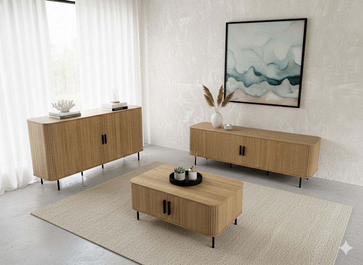 Tambour Buffet Sideboard, Tv Entertainment Unit and Coffee Table